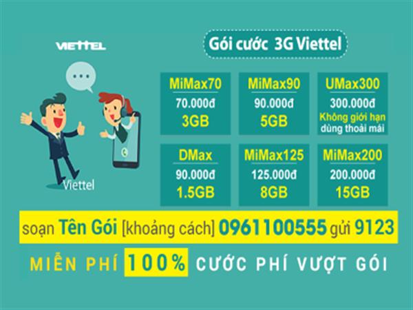 Các gói cước 3G Viettel trọn gói miễn phí 100% cước phát sinh ưu đãi siêu khủng